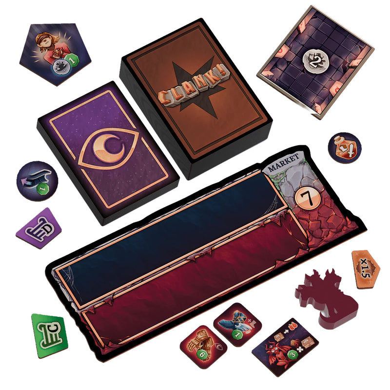 Load image into Gallery viewer, Clank! Catacombs: Underworld - sample game components displayed including market game board, Cerberus token, fate cards, and dungeon cards.
