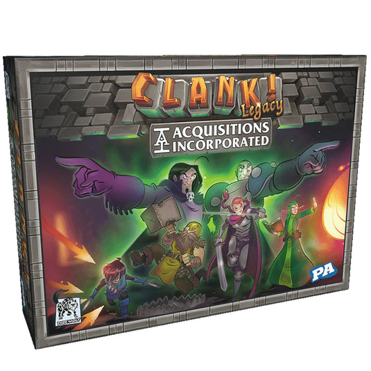 Clank! Legacy: Acquisitions Incorporated - front of box featuring art of adventurers in a dungeon. 