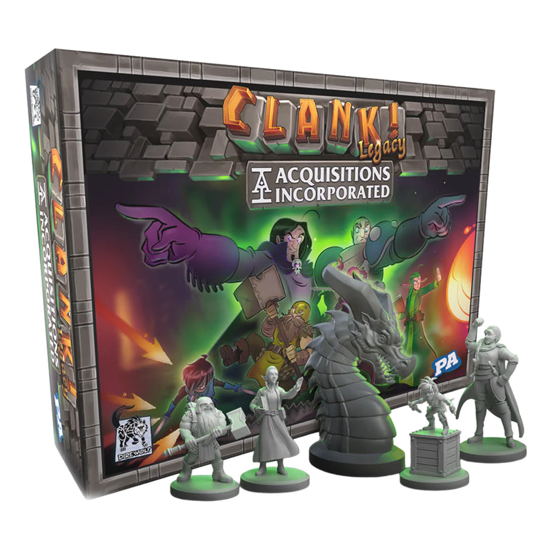 Load image into Gallery viewer, Clank! Legacy: Acquisitions Incorporated - front of box and five miniatures displayed. 
