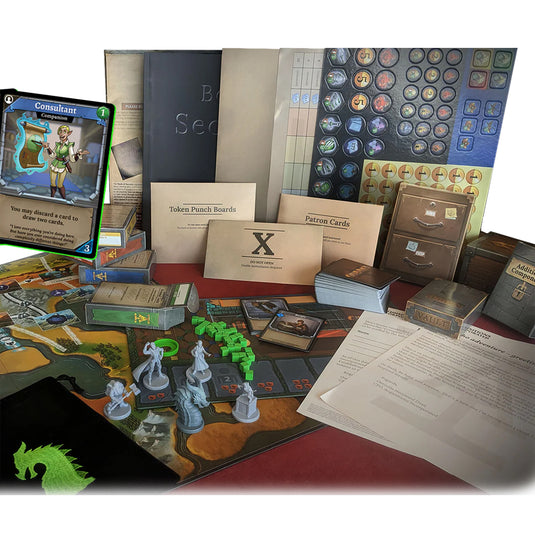 Clank! Legacy: Acquisitions Incorporated - sample game components shown including card and punch board envelopes, game miniatures, game board, and consultant game card.