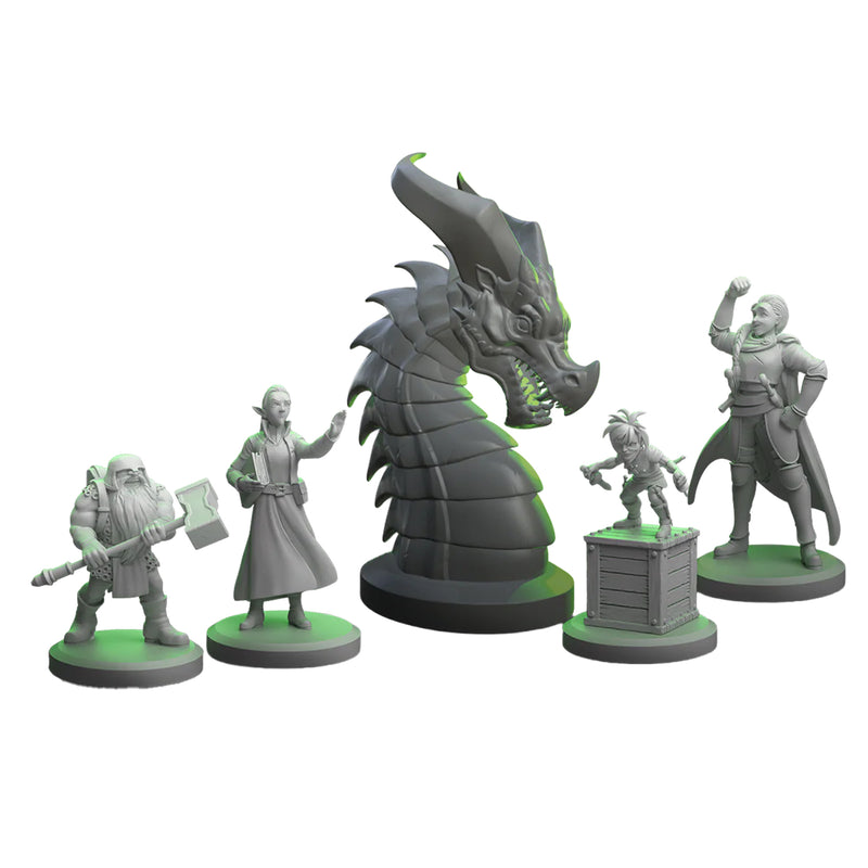 Load image into Gallery viewer, Clank! Legacy: Acquisitions Incorporated - adventurer miniatures and dragon miniature displayed. 
