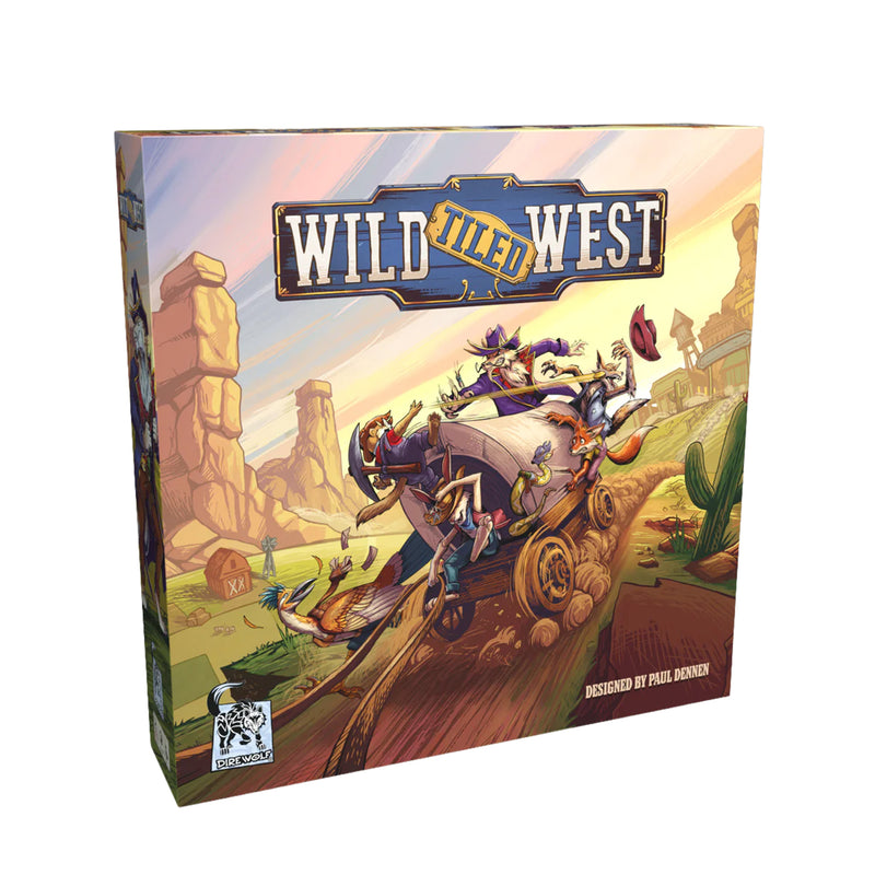 Load image into Gallery viewer, Wild Tiled West Board Game - front of box featuring art of characters on a covered wagon.
