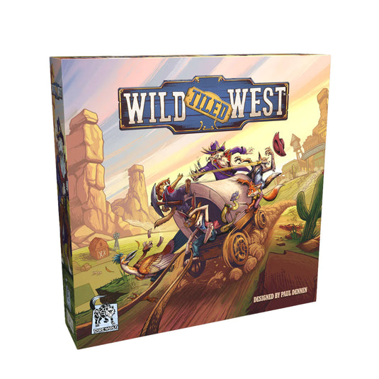 Wild Tiled West Board Game - front of box featuring art of characters on a covered wagon.