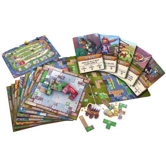 Wild Tiled West Board Game - sample game components displayed including game boards, wagon token, and character cards.