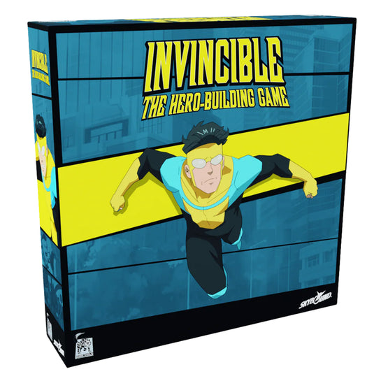 Invincible: The Hero-Building Game - front of box featuring comic style art of super hero.