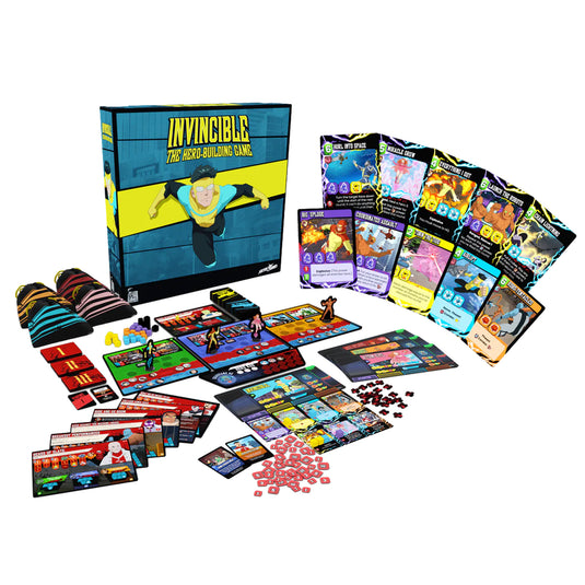 Invincible: The Hero-Building Game - box and game components displayed including hero standees, game cards, tokens, draw bags, and game board.