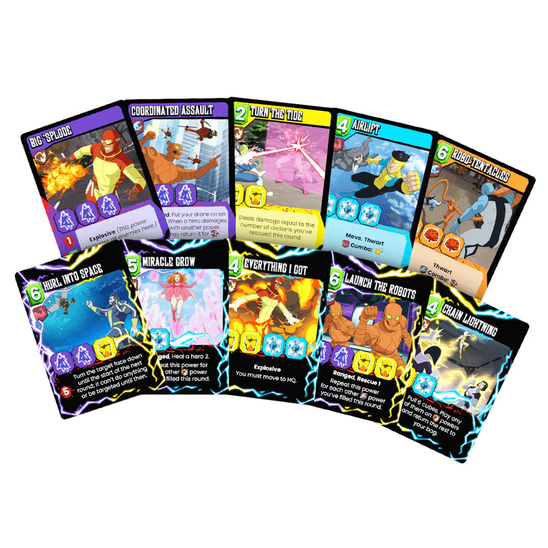 Load image into Gallery viewer, Invincible: The Hero-Building Game - sample cards displayed with different attacks and special actions listed.
