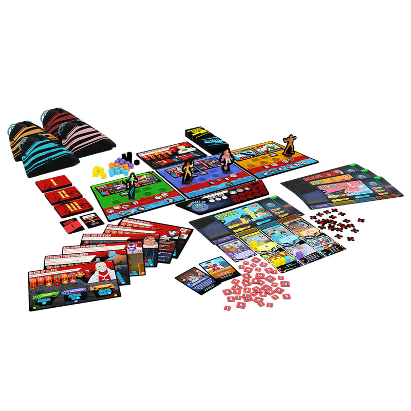 Load image into Gallery viewer, Invincible: The Hero-Building Game - sample components displayed including game board hero standees, character cards, tokens, and four draw bags.
