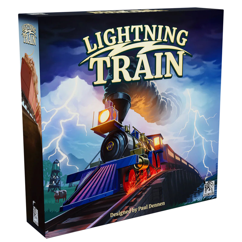 Load image into Gallery viewer, Lightning Train Board Game - front of box with art of a train driving through a lightning storm.
