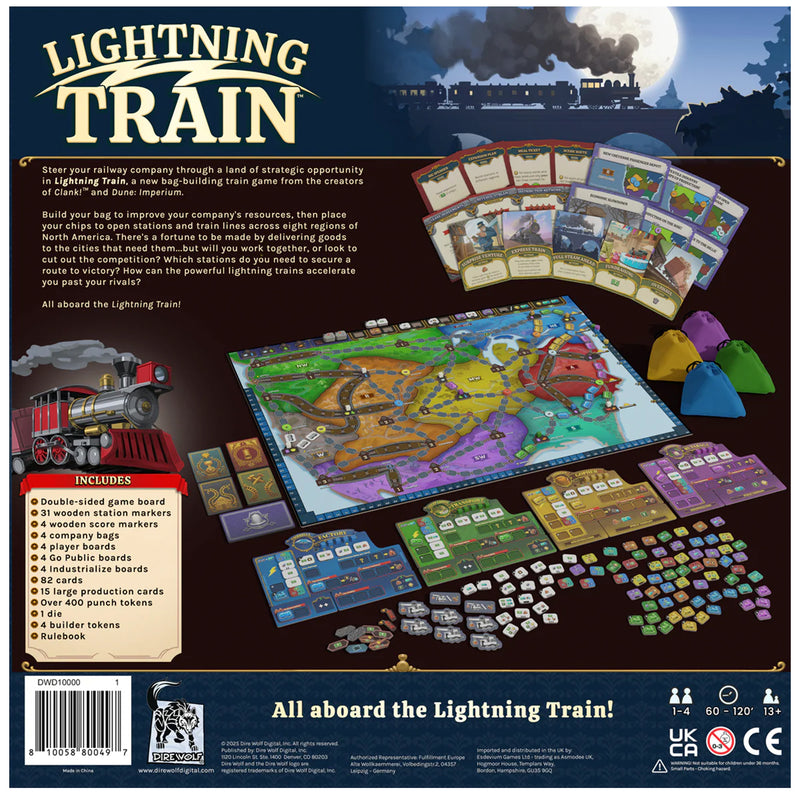 Load image into Gallery viewer, Lightning Train Board Game - back of box with overview, contents list, and images of game components. Box indicates it is for ages 13+ and 1 to 4 players.
