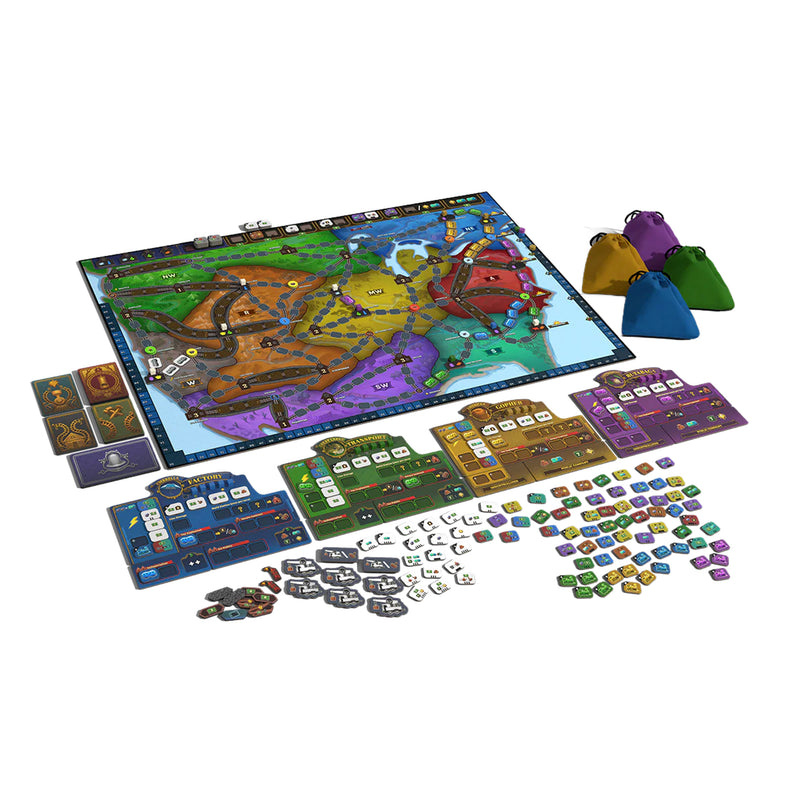 Load image into Gallery viewer, Lightning Train Board Game - setup game displayed including game board with rail tracks, game tokens, four player boards, and four draw bags.
