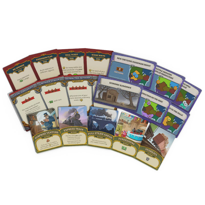Load image into Gallery viewer, Lightning Train Board Game - sample cards shown including action cards, goal cards, and upgrade cards.

