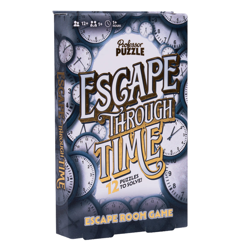 Load image into Gallery viewer, Escape Through Time Puzzle Game - front of box featuring art of clocks. Box indicates it is for ages 12+ and 1+ players.
