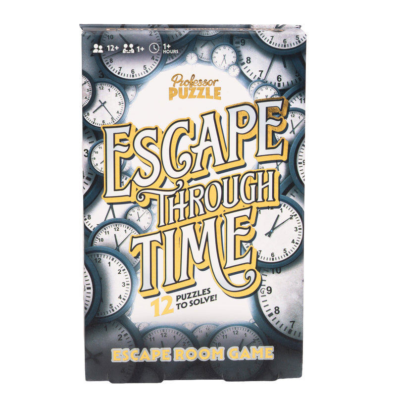 Load image into Gallery viewer, Escape Through Time Puzzle Game - front of box featuring art of clocks. Box indicates it is for ages 12+ and 1+ players.
