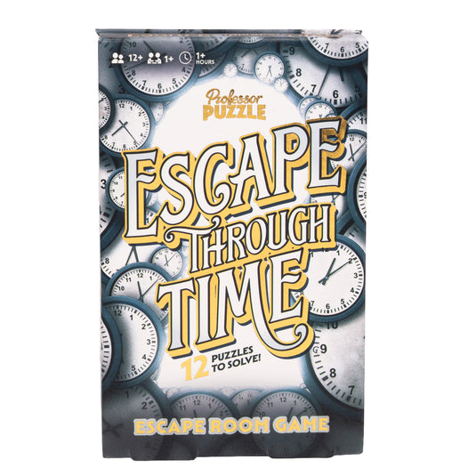 Escape Through Time Puzzle Game - front of box featuring art of clocks. Box indicates it is for ages 12+ and 1+ players.