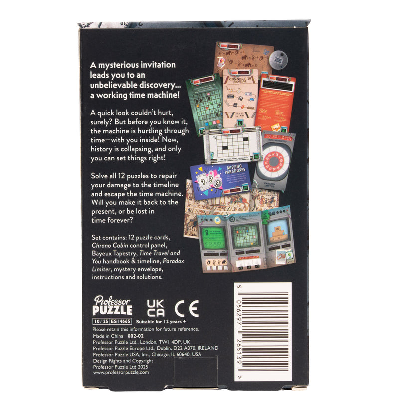 Load image into Gallery viewer, Escape Through Time Puzzle Game - back of box with overview, images of sample components, and barcode. 
