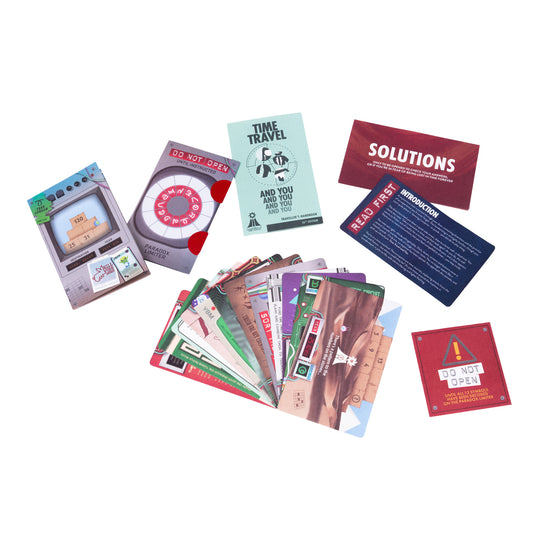 Escape Through Time Puzzle Game - sample puzzle cards shown and solutions book. 