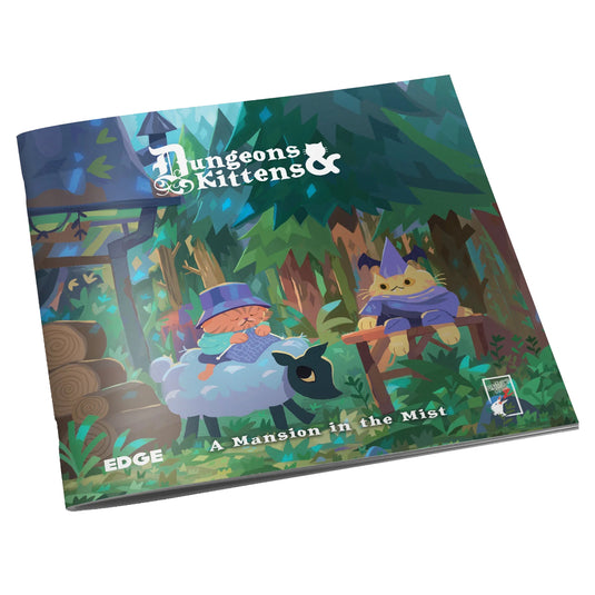 Dungeons & Kittens Storyteller's Kit - Front cover with art of kitten characters in the woods next to a house. 