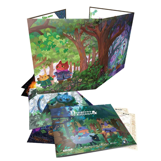 Dungeons & Kittens Storyteller's Kit - View of DM screen with art of kitten characters in the woods, character sheets, and game book. 