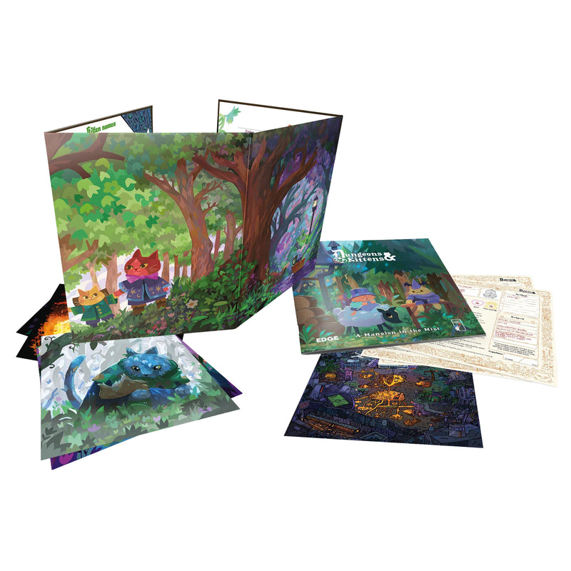 Load image into Gallery viewer, Dungeons &amp; Kittens Storyteller's Kit - View of DM screen with art of kitten characters in the woods, character sheets, and game book. 
