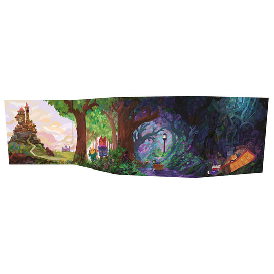 Dungeons & Kittens Storyteller's Kit - View of DM screen with art of a castle, kittens in the woods, and a dark spooky path. 