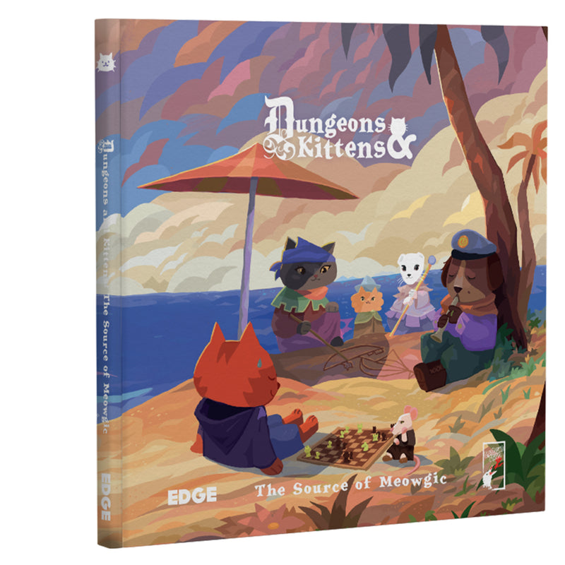 Load image into Gallery viewer, Dungeons &amp; Kittens - The Source of Meowgic - Book cover featuring arts of animal characters on a beach. 

