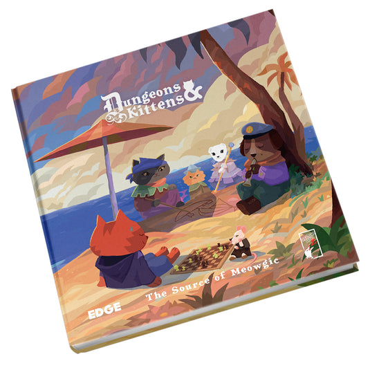 Dungeons & Kittens - The Source of Meowgic - Book cover featuring arts of animal characters on a beach. 