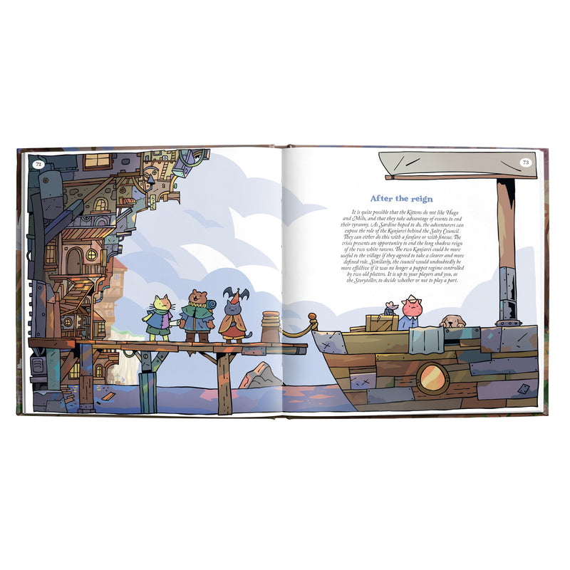 Load image into Gallery viewer, Dungeons &amp; Kittens - The Source of Meowgic - Sample 'After the reign' page shown featuring art of animal characters on a dock. 
