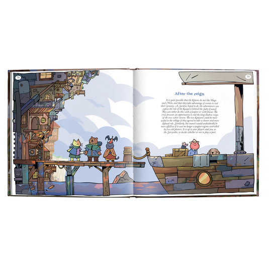Dungeons & Kittens - The Source of Meowgic - Sample 'After the reign' page shown featuring art of animal characters on a dock. 