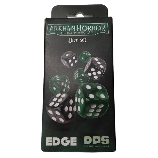 Arkham Horror RPG - Dice Set - Front of packaging with images of green and black d6 dice.