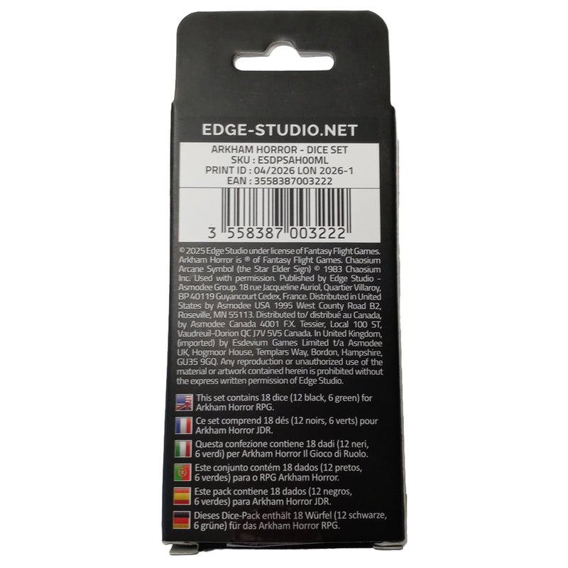 Load image into Gallery viewer, Arkham Horror RPG - Dice Set - Back of packaging with barcode, item number, and contents list in multiple languages. 
