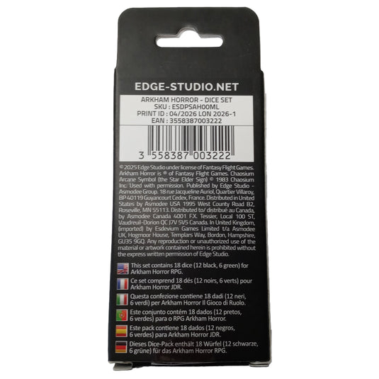 Arkham Horror RPG - Dice Set - Back of packaging with barcode, item number, and contents list in multiple languages. 