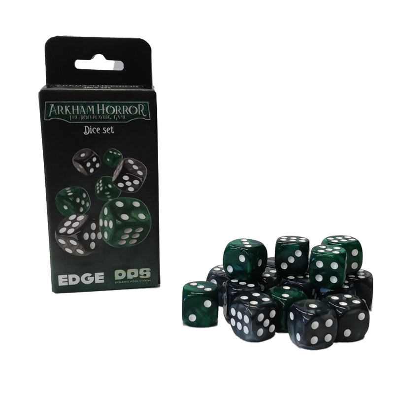 Load image into Gallery viewer, Arkham Horror RPG - Dice Set - Packaging and green and black dice displayed.
