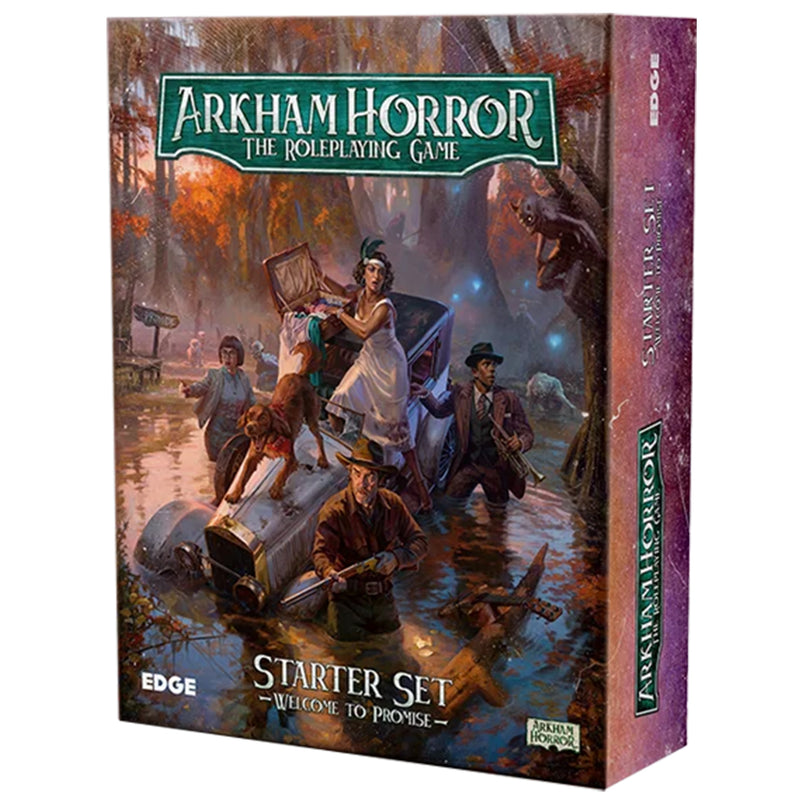 Load image into Gallery viewer, Arkham Horror RPG - Welcome to Promise - Front of box featuring art of Arkham Horror characters inside a swamp.
