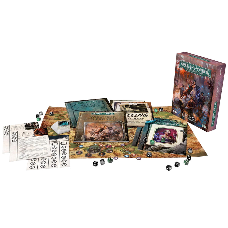 Load image into Gallery viewer, Arkham Horror RPG - Welcome to Promise - Box and game components displayed including game map, character sheets, game dice, and prologue book. 
