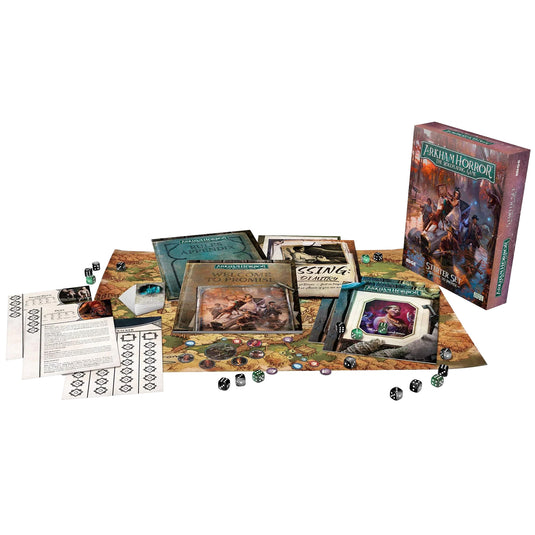 Arkham Horror RPG - Welcome to Promise - Box and game components displayed including game map, character sheets, game dice, and prologue book. 