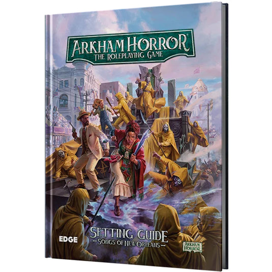 Arkham Horror RPG - Songs of New Orleans Setting Guide - Front cover featuring art of Arkham characters fighting cultists in yellow robes.