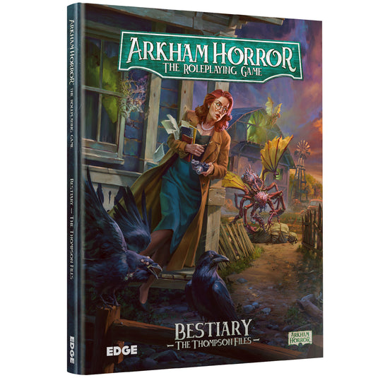Arkham Horror RPG - The Thompson Files - front of book featuring art of Arkham investigator and monsters.