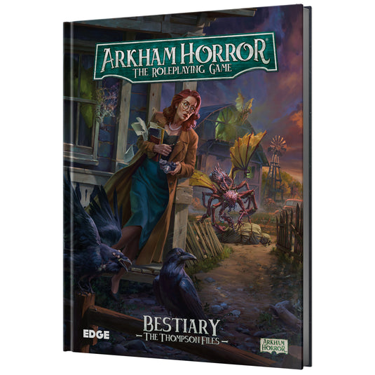Arkham Horror RPG - The Thompson Files - front of book featuring art of Arkham investigator and monsters.