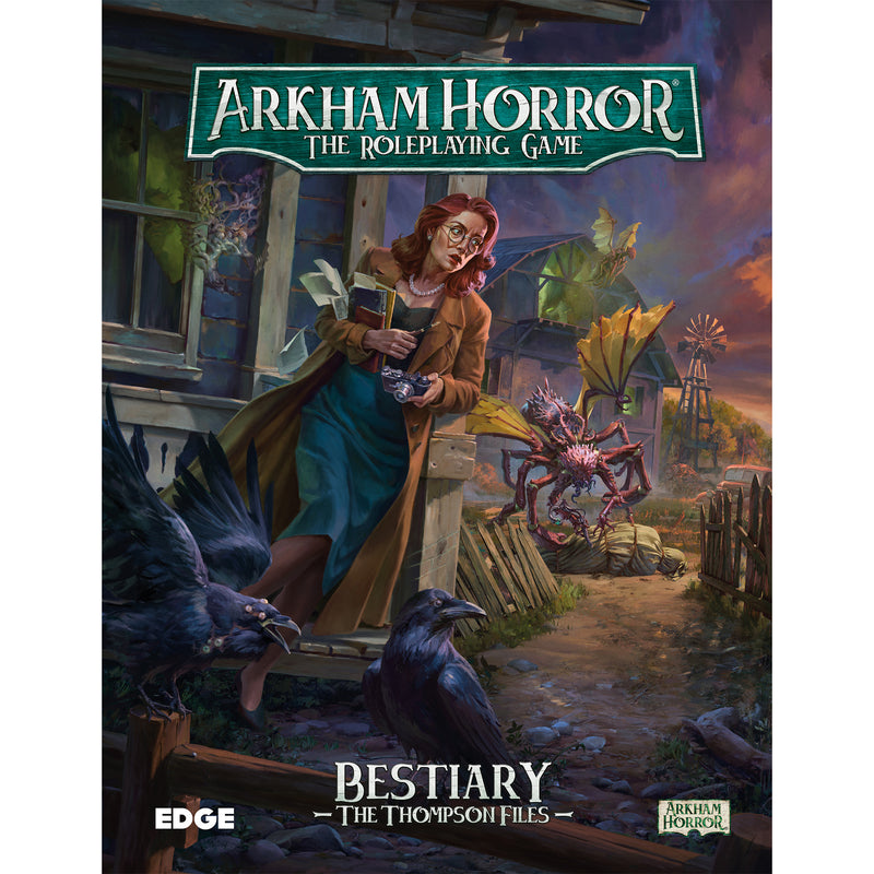 Load image into Gallery viewer, Arkham Horror RPG - The Thompson Files - front of book featuring art of Arkham investigator and monsters.
