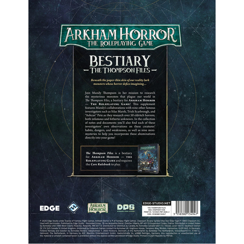 Load image into Gallery viewer, Arkham Horror RPG - The Thompson Files - back of book with book description and barcode. 
