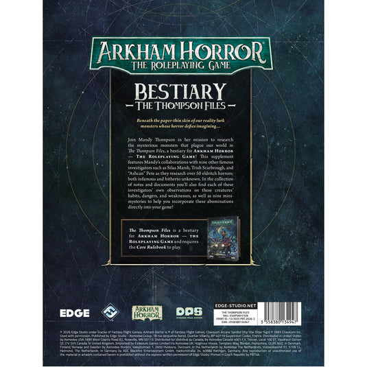 Arkham Horror RPG - The Thompson Files - back of book with book description and barcode. 