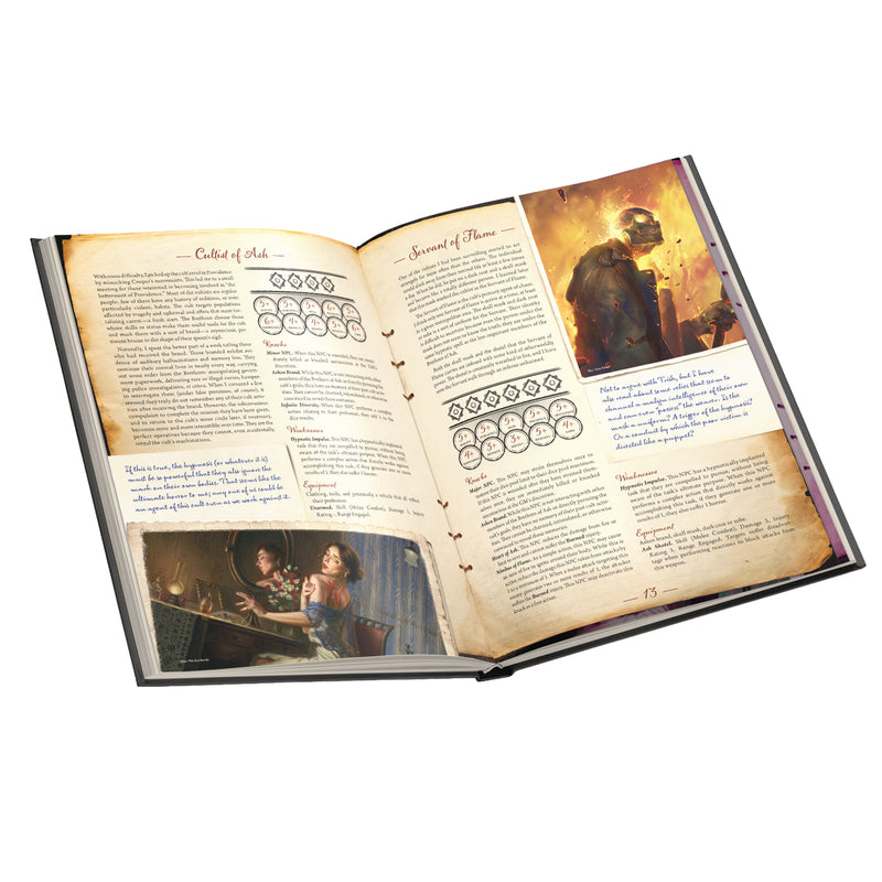 Load image into Gallery viewer, Arkham Horror RPG - The Thompson Files - view of sample book pages 'Cultist of Ash' and 'Servant of Flame'.
