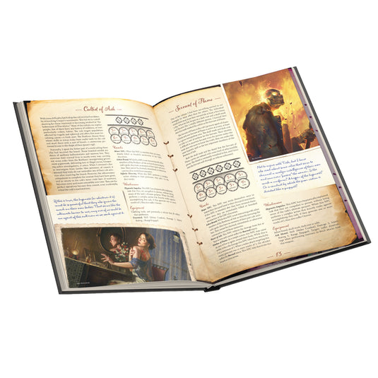 Arkham Horror RPG - The Thompson Files - view of sample book pages 'Cultist of Ash' and 'Servant of Flame'.