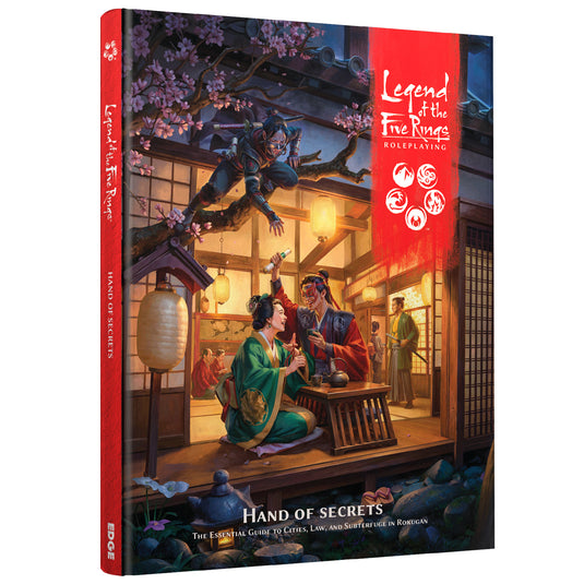 Legend of the Five Rings - Hand of Secrets - Front cover of book with art of characters in traditional Japanese clothing.