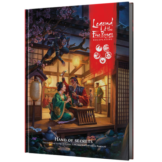 Legend of the Five Rings - Hand of Secrets - Front cover of book with art of characters in traditional Japanese 