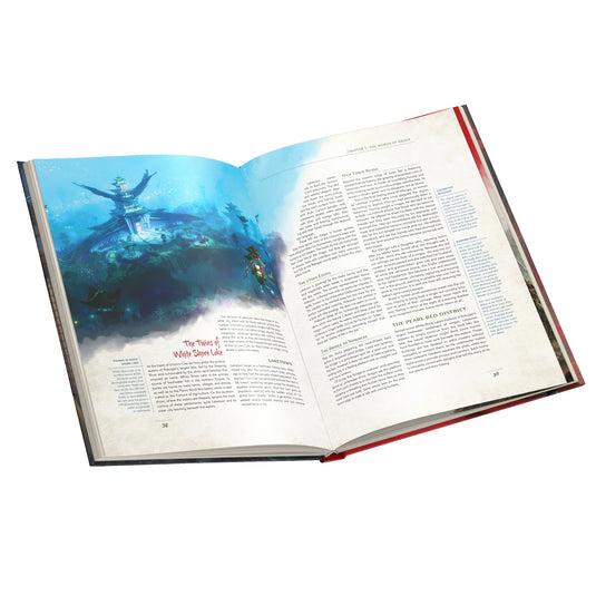 Legend of the Five Rings - Hand of Secrets - Sample pages shown with art of large temple. 
