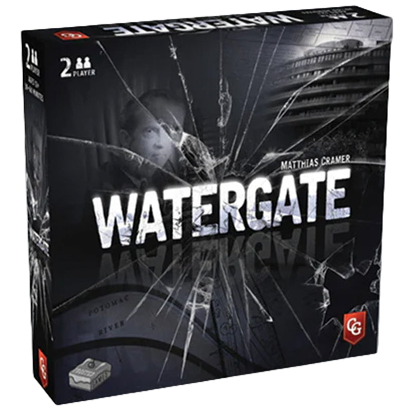 Load image into Gallery viewer, Watergate Board Game - front of box with a cracked glass design and a person's face partially obscured.
