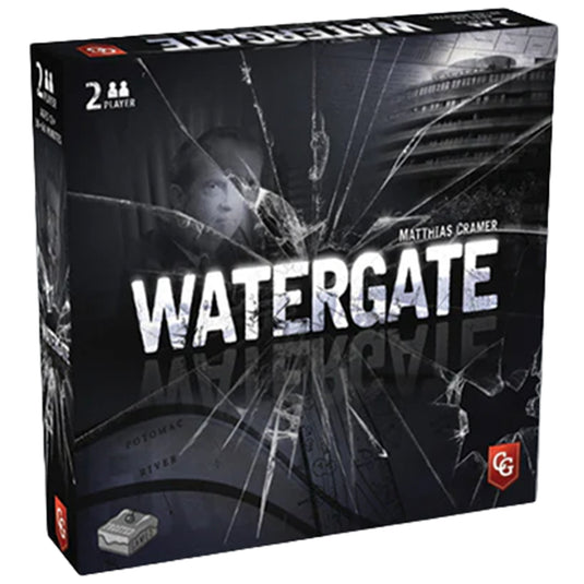 Watergate Board Game - front of box with a cracked glass design and a person's face partially obscured.
