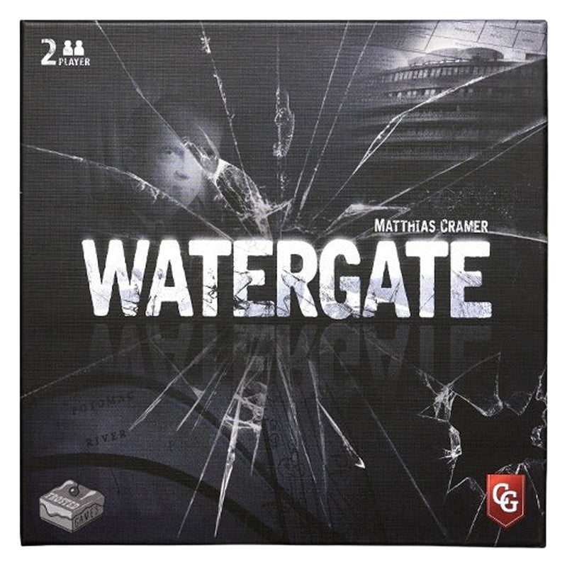 Load image into Gallery viewer, Watergate Board Game - front of box with a cracked glass design and a person's face partially obscured.
